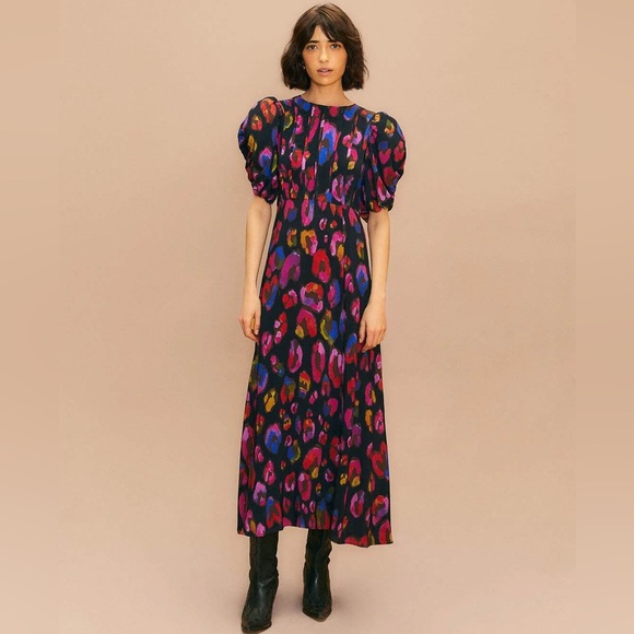 Farm Rio Iridescent Leopard Black Slit Midi Dress - Picture 3 of 13